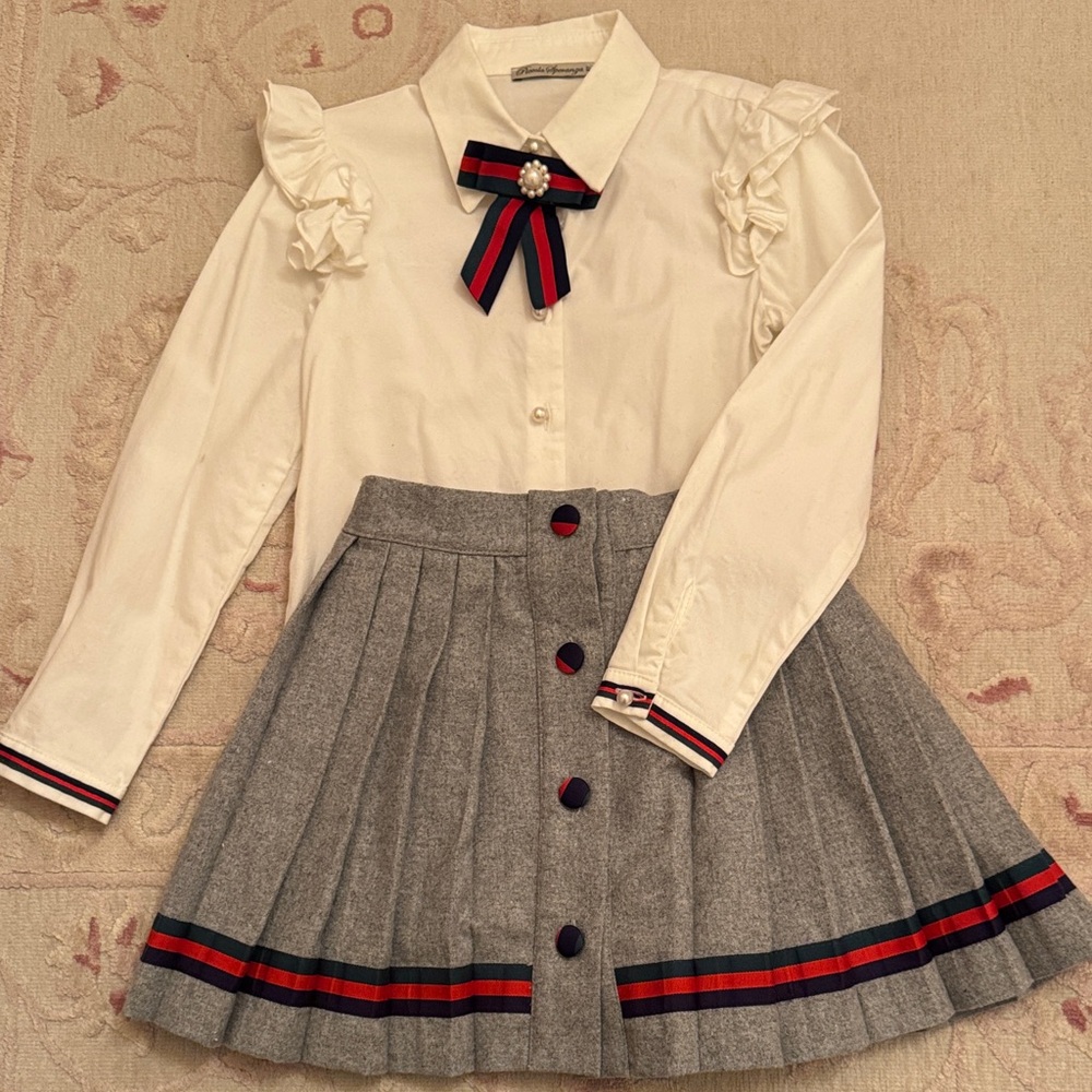 White Blouse and Gray Pleated Skirt Set